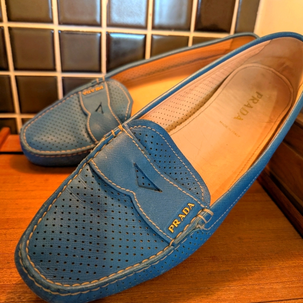 Prada Blue Perforated Loafers